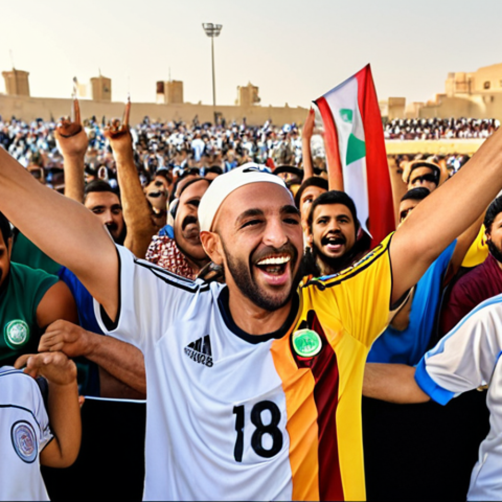 **

A vibrant, bustling scene at a football fan gathering in the Middle East.  Diverse fans of all ages, wearing their team jerseys, are cheering and celebrating. Capture the positive energy, smiles, and sense of community.  Include elements like team flags, banners, and maybe a popular player in the background. Focus on the joy and shared passion for the game.

**