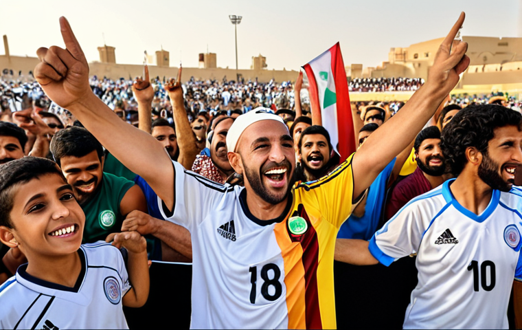 **

A vibrant, bustling scene at a football fan gathering in the Middle East.  Diverse fans of all ages, wearing their team jerseys, are cheering and celebrating. Capture the positive energy, smiles, and sense of community.  Include elements like team flags, banners, and maybe a popular player in the background. Focus on the joy and shared passion for the game.

**