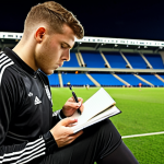 **Image:** A focused football player writing in a training journal on the field, with a determined expression. In the background, a modern football stadium is visible. **Prompt:** *A dedicated footballer diligently logging their training session in a journal, a path to victory illuminated by stadium lights. #footballjournal #traininggoals*