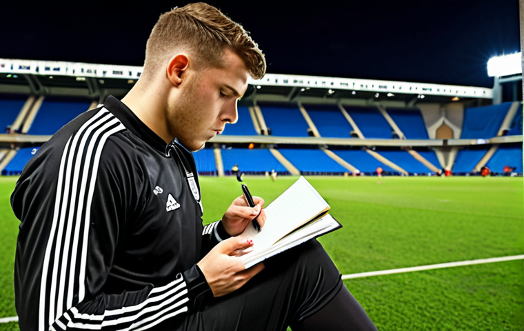 **Image:** A focused football player writing in a training journal on the field, with a determined expression. In the background, a modern football stadium is visible. **Prompt:** *A dedicated footballer diligently logging their training session in a journal, a path to victory illuminated by stadium lights. #footballjournal #traininggoals*