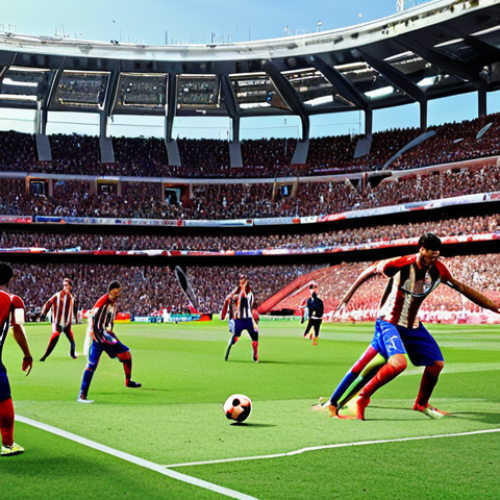 Home 25 **
"Dynamic La Liga soccer action scene; Atletico Madrid players high-pressing, intensely focused; modern stadium background, evoking Arabic passion for football."
**