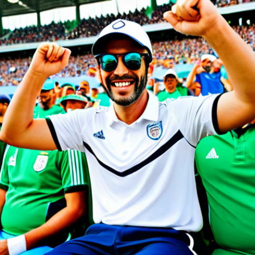 Home 24 **Vibrant Football Match Under Bright Sun:**
A professional, adult football fan, fully clothed in a modest, light-colored, breathable sportswear shirt and comfortable trousers, wearing a protective cap and sunglasses, sitting comfortably in a packed stadium during a sunny daytime match. The fan is cheering with a happy, focused expression, holding a water bottle. The stadium is bright, with a green pitch and thousands of diverse fans around. The atmosphere is energetic and family-friendly. perfect anatomy, correct proportions, natural pose, well-formed hands, proper finger count, natural body proportions, professional photography, high quality, safe for work, appropriate content.