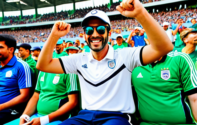 **Vibrant Football Match Under Bright Sun:**
    A professional, adult football fan, fully clothed in a modest, light-colored, breathable sportswear shirt and comfortable trousers, wearing a protective cap and sunglasses, sitting comfortably in a packed stadium during a sunny daytime match. The fan is cheering with a happy, focused expression, holding a water bottle. The stadium is bright, with a green pitch and thousands of diverse fans around. The atmosphere is energetic and family-friendly. perfect anatomy, correct proportions, natural pose, well-formed hands, proper finger count, natural body proportions, professional photography, high quality, safe for work, appropriate content.