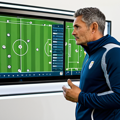 Home 9 Modern Football Tactics**
A professional soccer coach in a modern training facility, fully clothed in athletic wear, analyzing data on a large touchscreen display. The background includes a soccer field with players practicing drills. "Modern tactics," "data analysis," and diagrams are visible on the screen. Safe for work, appropriate content, fully clothed, professional, perfect anatomy, natural proportions, high quality, well-formed hands, proper finger count.
**