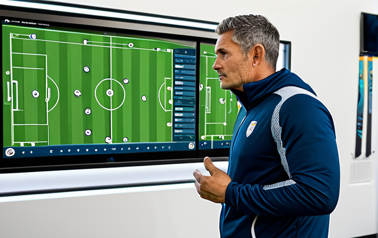 Modern Football Tactics**

A professional soccer coach in a modern training facility, fully clothed in athletic wear, analyzing data on a large touchscreen display. The background includes a soccer field with players practicing drills. "Modern tactics," "data analysis," and diagrams are visible on the screen. Safe for work, appropriate content, fully clothed, professional, perfect anatomy, natural proportions, high quality, well-formed hands, proper finger count.

**