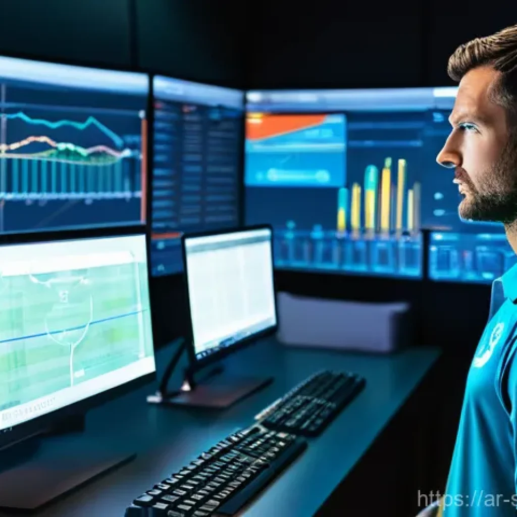축구 경기 스코어 분석 툴 - **Prompt:** A focused football (soccer) coach and a data analyst in a brightly lit, modern control r...