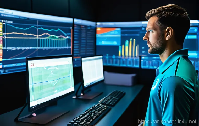 축구 경기 스코어 분석 툴 - **Prompt:** A focused football (soccer) coach and a data analyst in a brightly lit, modern control r...