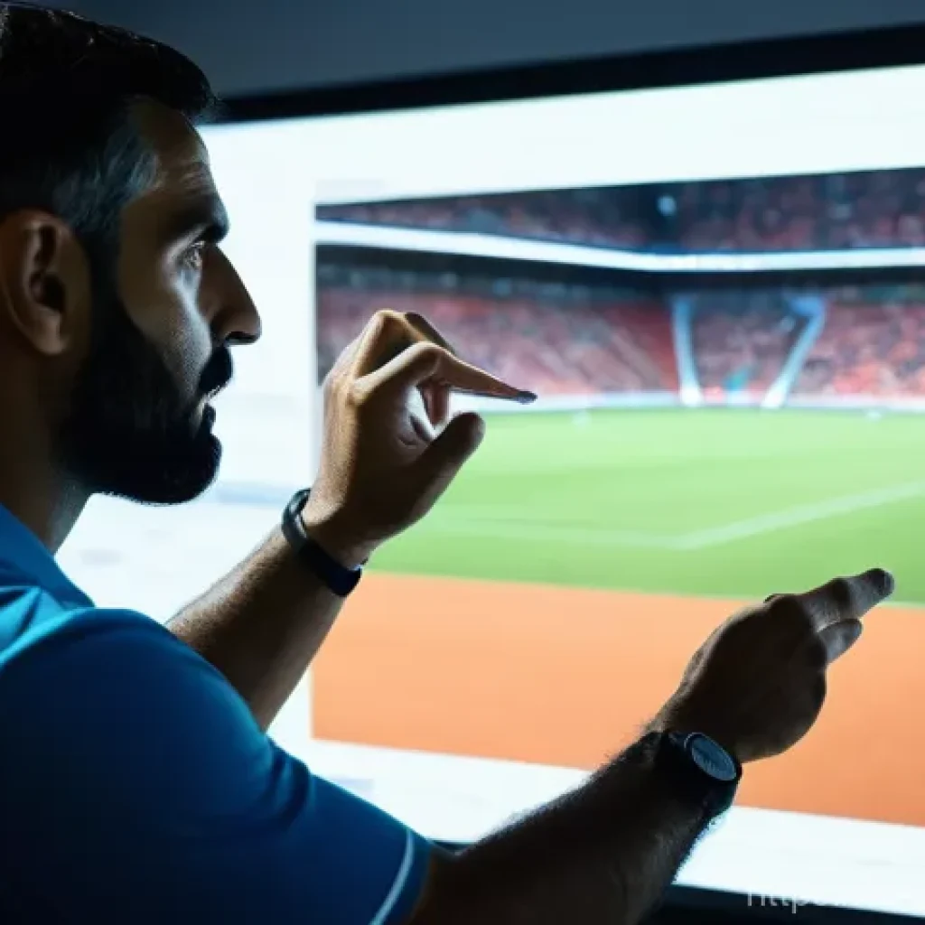 축구 경기 영상 분석 방법 - **Prompt:** A focused Arab football coach, mid-40s, with a neatly trimmed beard, wearing a modest, p...