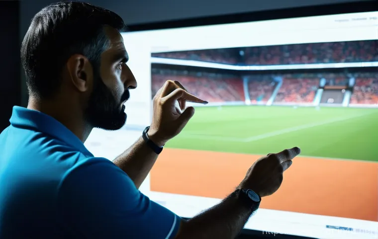축구 경기 영상 분석 방법 - **Prompt:** A focused Arab football coach, mid-40s, with a neatly trimmed beard, wearing a modest, p...