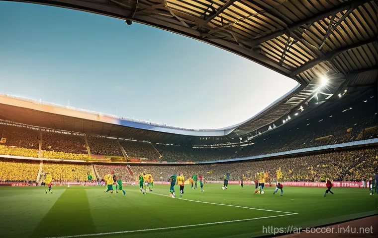 축구와 올림픽 종목의 차이점 - **Football Stadium: Collective Passion and Action** A dynamic, wide-angle shot of a vibrant, pac...