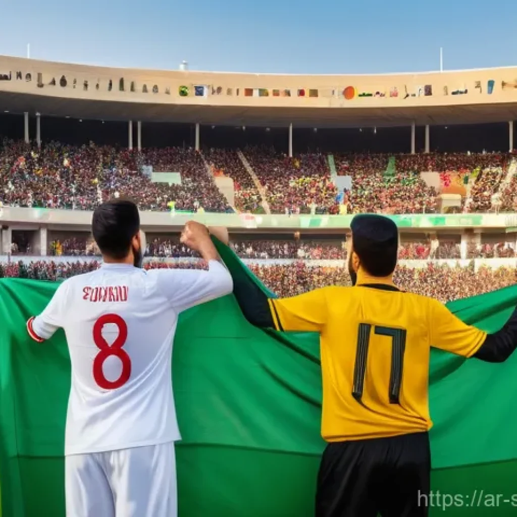 축구 클럽 팬 문화 - A vibrant and diverse group of Arab football fans fills a stadium stand, creating an electric atmosp...
