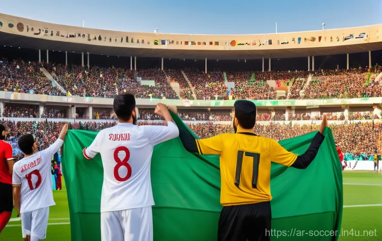 축구 클럽 팬 문화 - A vibrant and diverse group of Arab football fans fills a stadium stand, creating an electric atmosp...