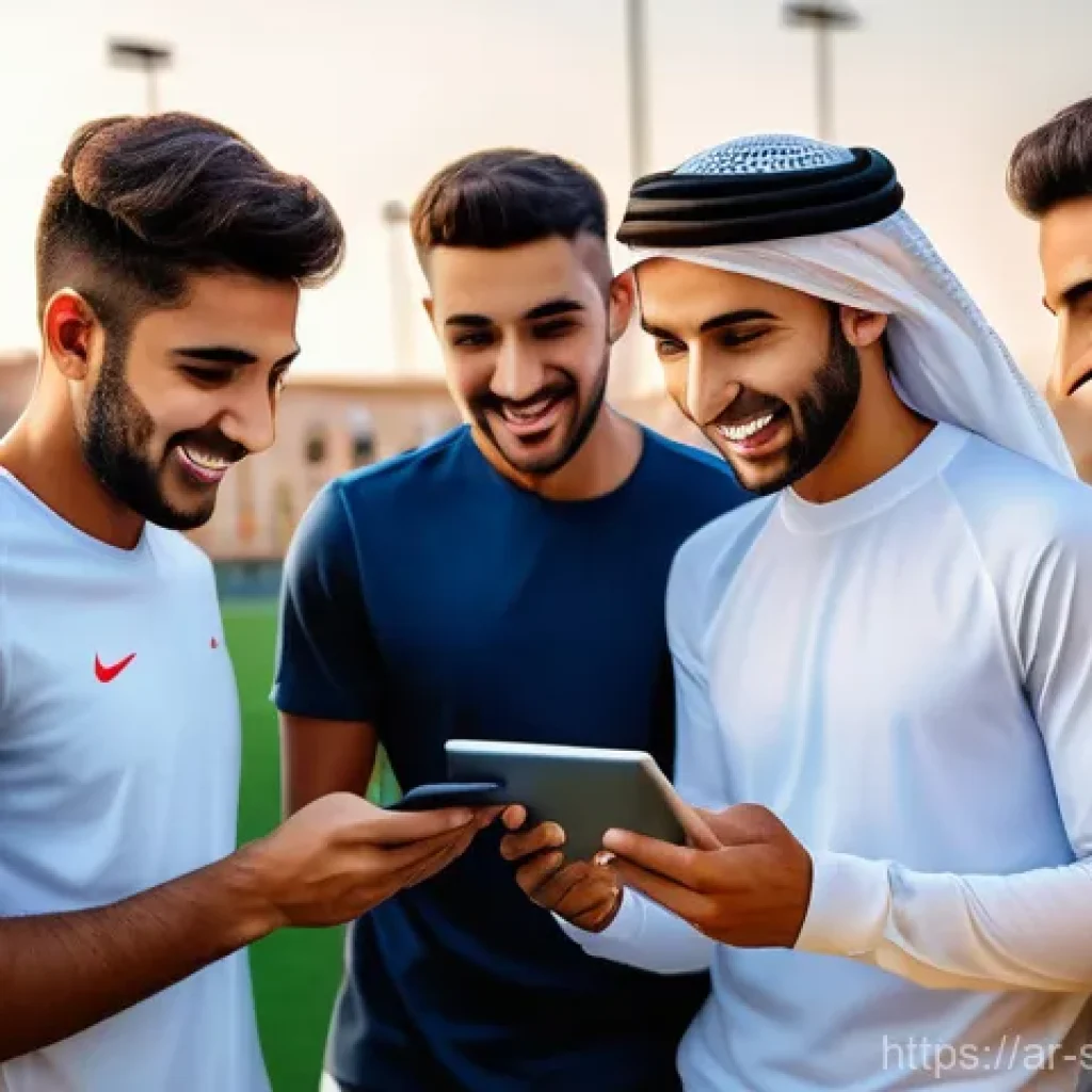 축구 관련 주제로 창업 성공 사례 - A group of enthusiastic young Arab men, in their late teens and early twenties, dressed in modern, m...