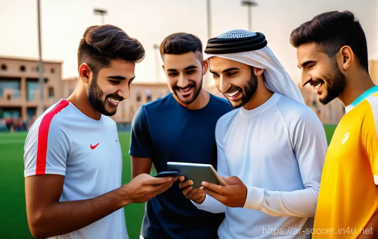 축구 관련 주제로 창업 성공 사례 - A group of enthusiastic young Arab men, in their late teens and early twenties, dressed in modern, m...