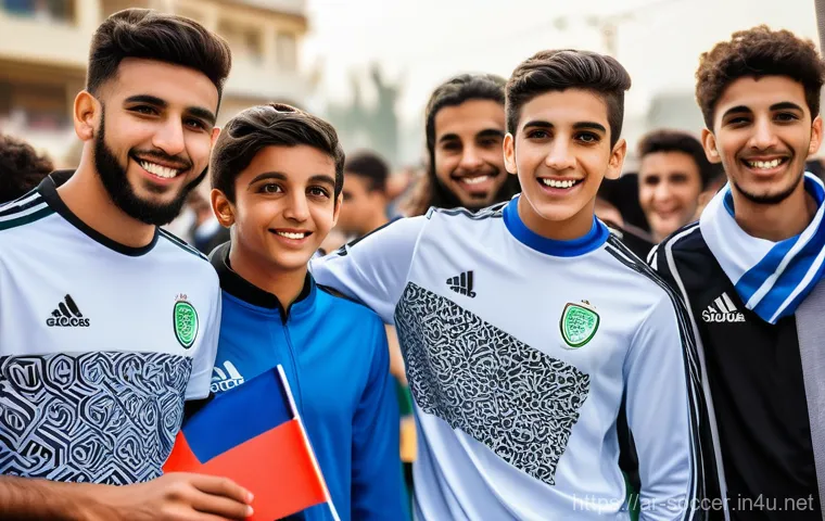축구 관련 주제로 창업 성공 사례 - A group of enthusiastic young Arab men, in their late teens and early twenties, dressed in modern, m...