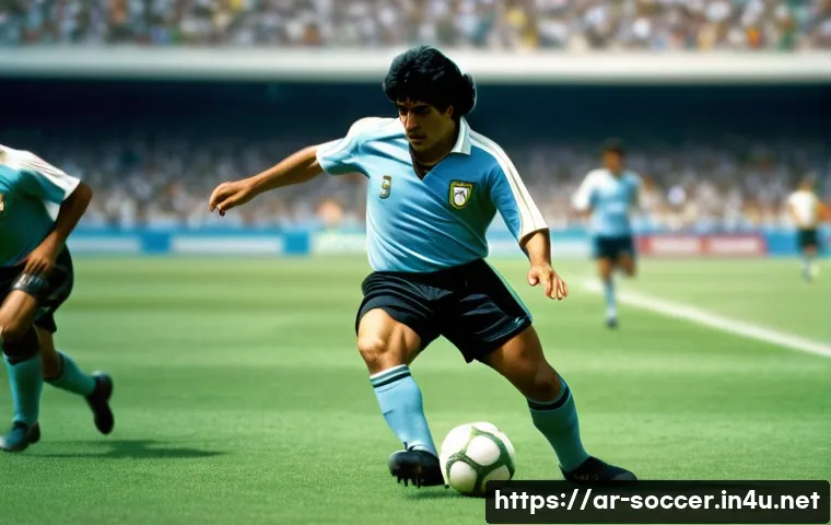 축구 역사 속 명장면 - **Prompt 1: The Maradona Masterpiece** A dynamic, action-shot of a legendary footballer, akin to...