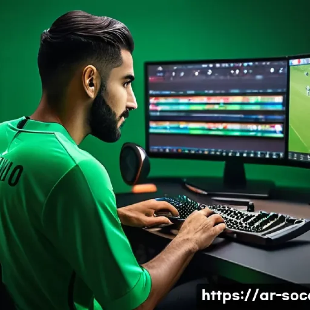 축구 기술 동영상 편집 팁 - A dynamic soccer video editing scene showing a professional editor working on a high-end computer wi...