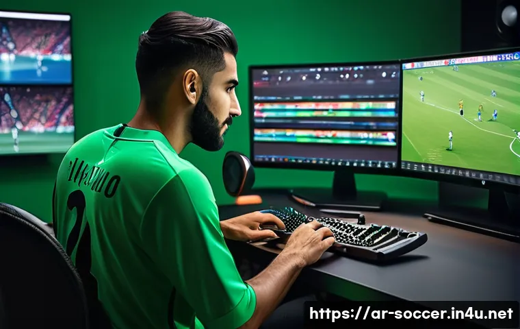 축구 기술 동영상 편집 팁 - A dynamic soccer video editing scene showing a professional editor working on a high-end computer wi...