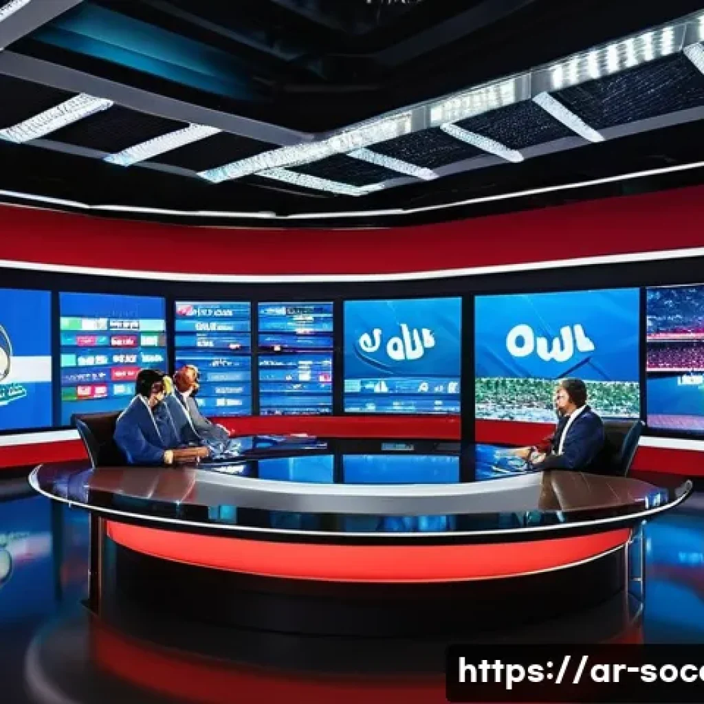 축구 산업별 매출 데이터 - A dynamic sports broadcast studio scene featuring a diverse group of Arabic-speaking commentators an...