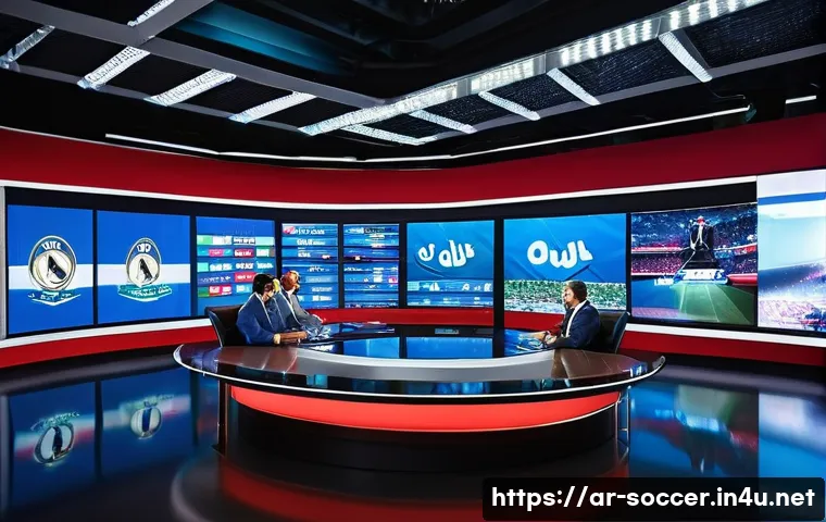 축구 산업별 매출 데이터 - A dynamic sports broadcast studio scene featuring a diverse group of Arabic-speaking commentators an...
