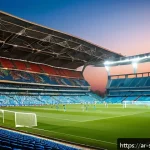 축구 경기장의 규격 - A vibrant football stadium in the Middle East featuring a lush natural grass pitch meticulously main...
