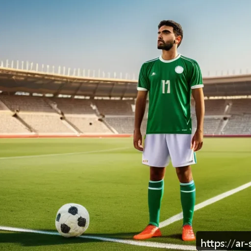 축구 페널티킥 성공률 높이기 - A focused Arab male soccer player in his mid-20s preparing to take a penalty kick on a professional ...