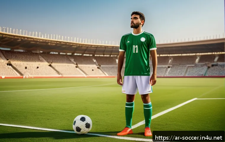 축구 페널티킥 성공률 높이기 - A focused Arab male soccer player in his mid-20s preparing to take a penalty kick on a professional ...