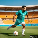 축구 경기력 향상을 위한 다이어트 - A dynamic scene of an Arab male football player in his mid-20s, wearing a full sports kit including ...