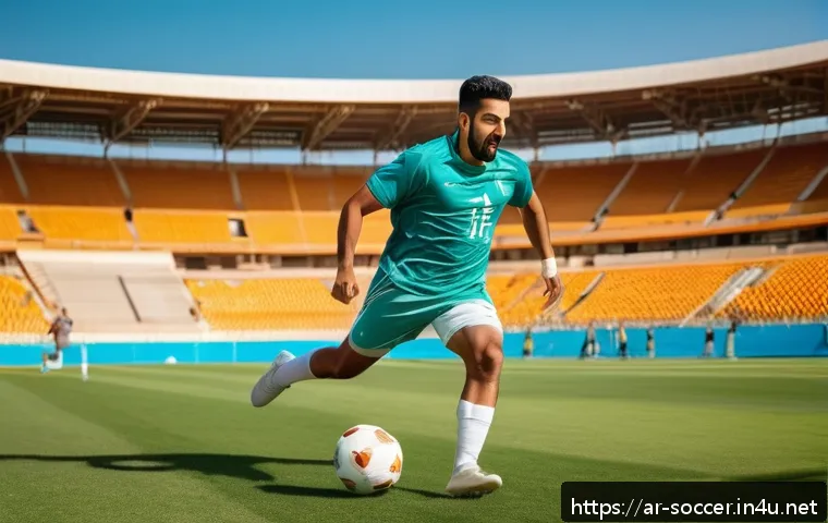 축구 경기력 향상을 위한 다이어트 - A dynamic scene of an Arab male football player in his mid-20s, wearing a full sports kit including ...