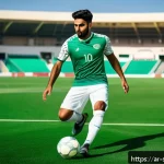 축구 유니폼 세트 구매 팁 - A dynamic football player of Middle Eastern descent, wearing a high-quality polyester football kit f...
