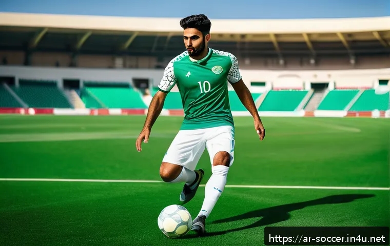 축구 유니폼 세트 구매 팁 - A dynamic football player of Middle Eastern descent, wearing a high-quality polyester football kit f...