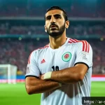 축구로 알아보는 심리학 - A detailed scene of an Arab football player standing at the penalty spot during a tense moment in a ...