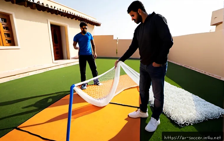 축구 연습장 DIY 설치법 - Photorealistic wide-angle scene of a family building a DIY football practice area in a sunlit courty...