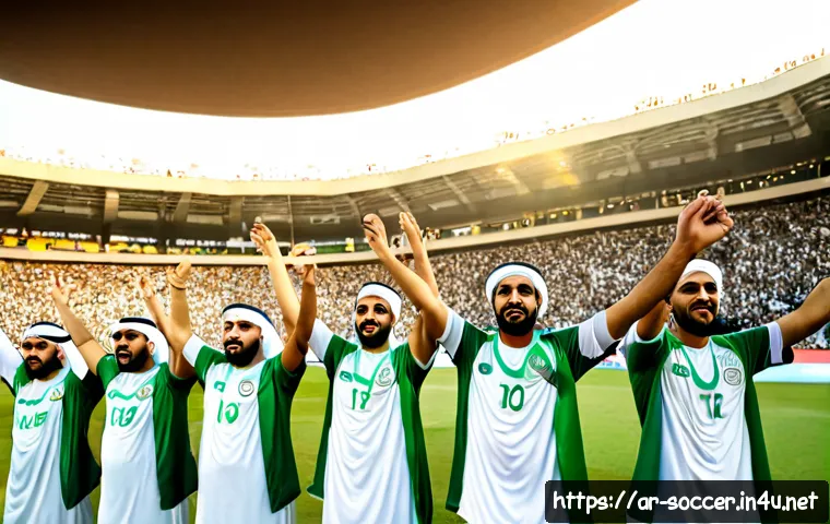 축구 응원가 리스트 - Photorealistic wide stadium scene in an Arab Gulf city at sunset, diverse adult football supporters ...