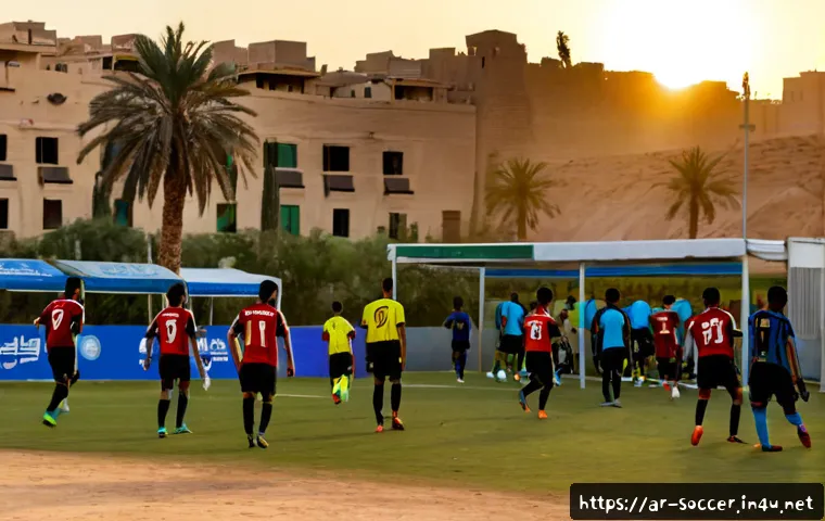 Home 17 축구와 기후변화의 연관성 - Photorealistic wide view of a community football match in a modern Middle Eastern city at sunset, pl...