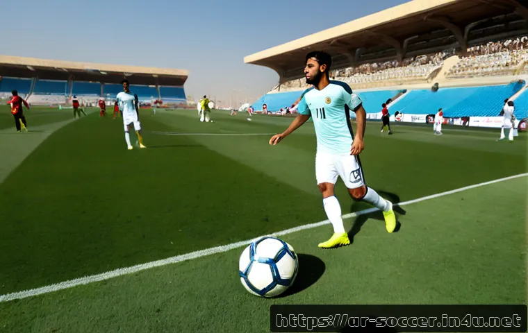 축구 경기 중 기후의 영향 - Photorealistic football match in a modern Gulf-region stadium during intense midday heat, Arab playe...